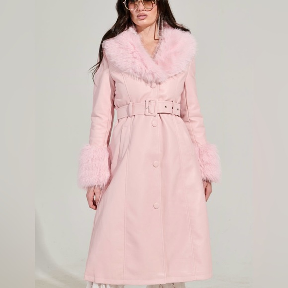 AKIRA Jackets & Blazers - NWT AKIRA light Pink Fur-Trimmed belted faux leather trench Coat size M